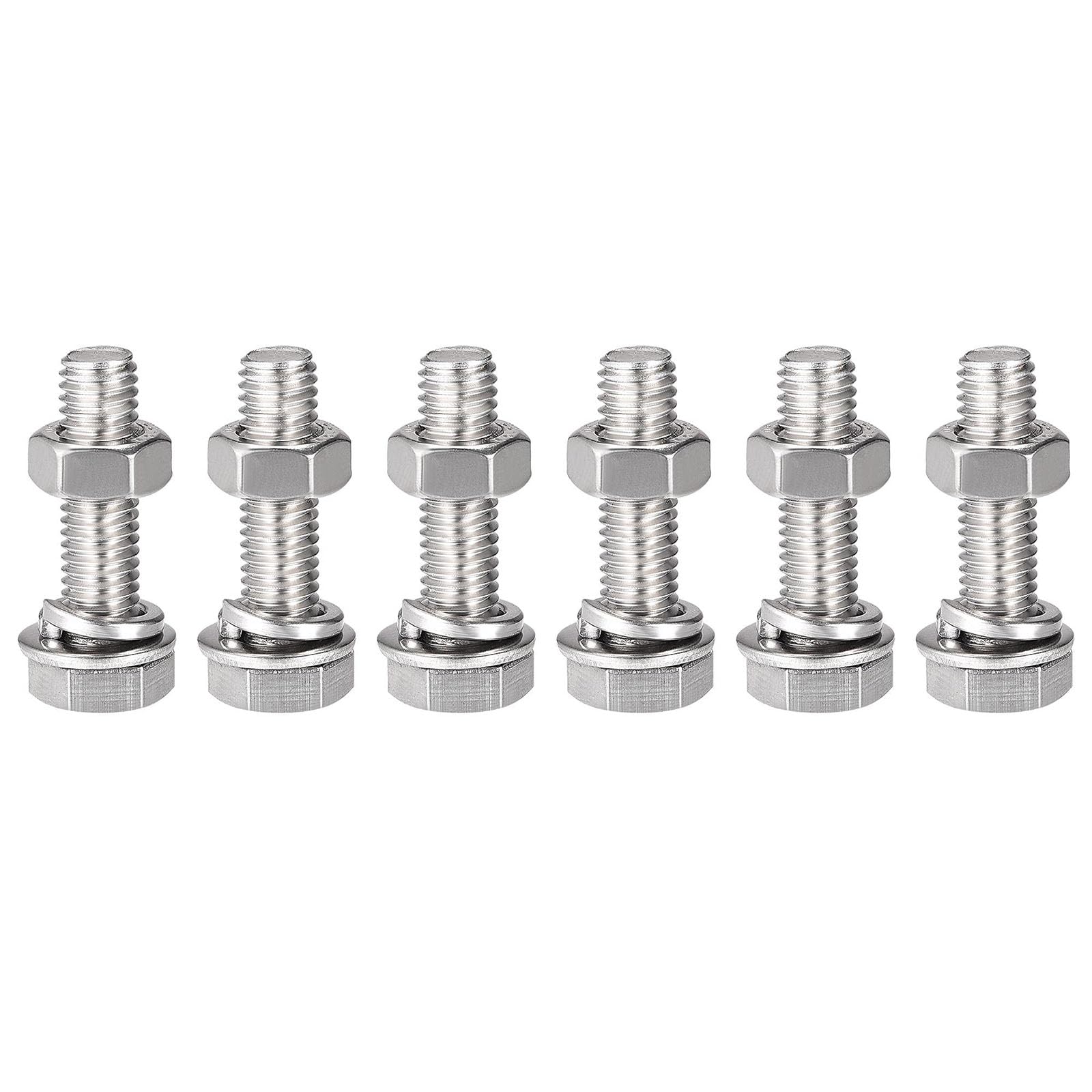 TOP-VIGOR 6Pcs M8 x 30mm Hex Head Screws Bolts, Nuts, Flat & Lock Washers Kits, 304 Stainless Steel Fully Thread Hexagon Bolts for DIY Bike Motorcycles Repair