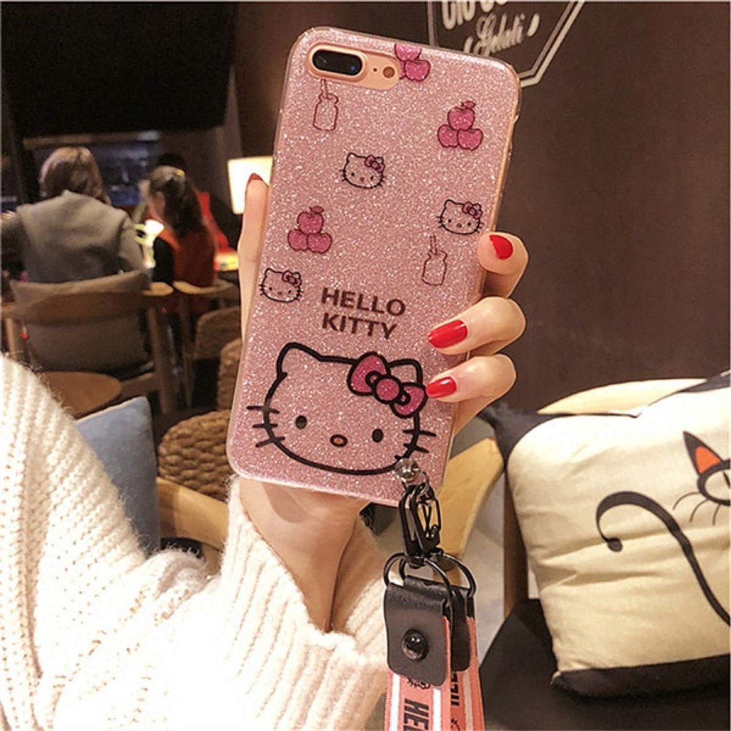 Hello Kitty for iPhone XR X XS max case Cute Girly Cartoon cat Hello Kitty KT Phone Case for iPhone 11 pro max 7 8 Plus case Bling Hard Case & 2 Strap (2, for iPhone 11)