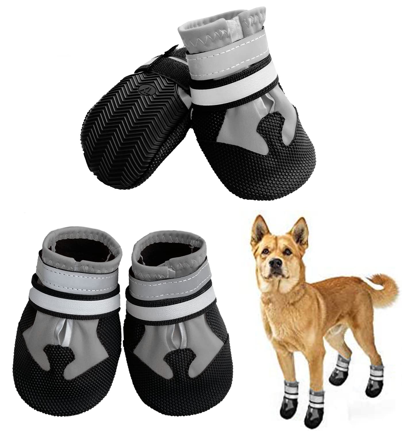 NeuWee Dog Boots, Non-Slip Dog Paw Protectors, Set of 4 Waterproof Dog Shoes with Adjustable Reflective Straps and Anti Slip Sole for Small Medium Large Dogs Outdoor (XXL, Grey)