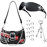 Zhamate Y2k Cute Shoulder Bag for Women Trendy Goth Mini Purse with Glasses Star Keychain and Hairpin