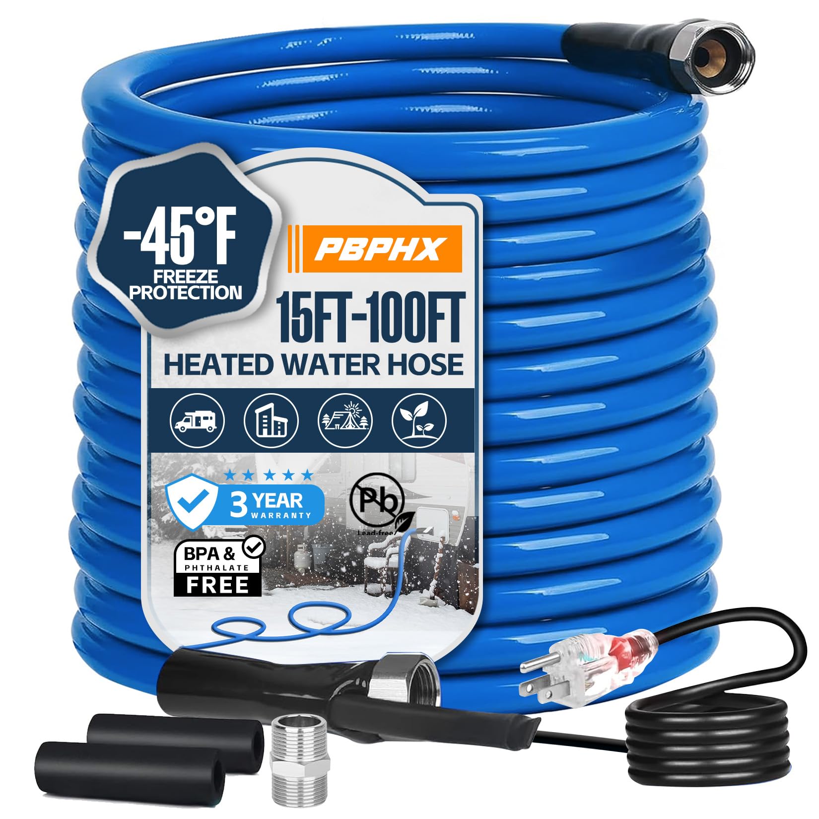 Photo 1 of 50FT Heated Water Hose for RV,Heated Drinking Water Hose with Thermostat,Lead and BPA Free,1/2"Inner Diameter,Temperatures Down to -40°F Self-Regulating,Blue Appearance