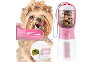 MOONYMARS Portable Water Bottle for Small Dogs, 3 in 1 Pet Travel Bowl Dispenser with Food Treat Container & Poop Bag Holder, Summer Walking Hiking Accessories for Puppy On The Go - Pink, 10oz