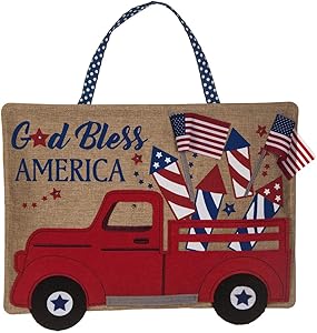 Evergreen Flag Truckload of Fireworks Lit Burlap Door Decor