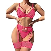 popiv Women's Sexy Lingerie Set with Garter Belt Matching Bra and Panty Lingeries Sets 4 Piece
