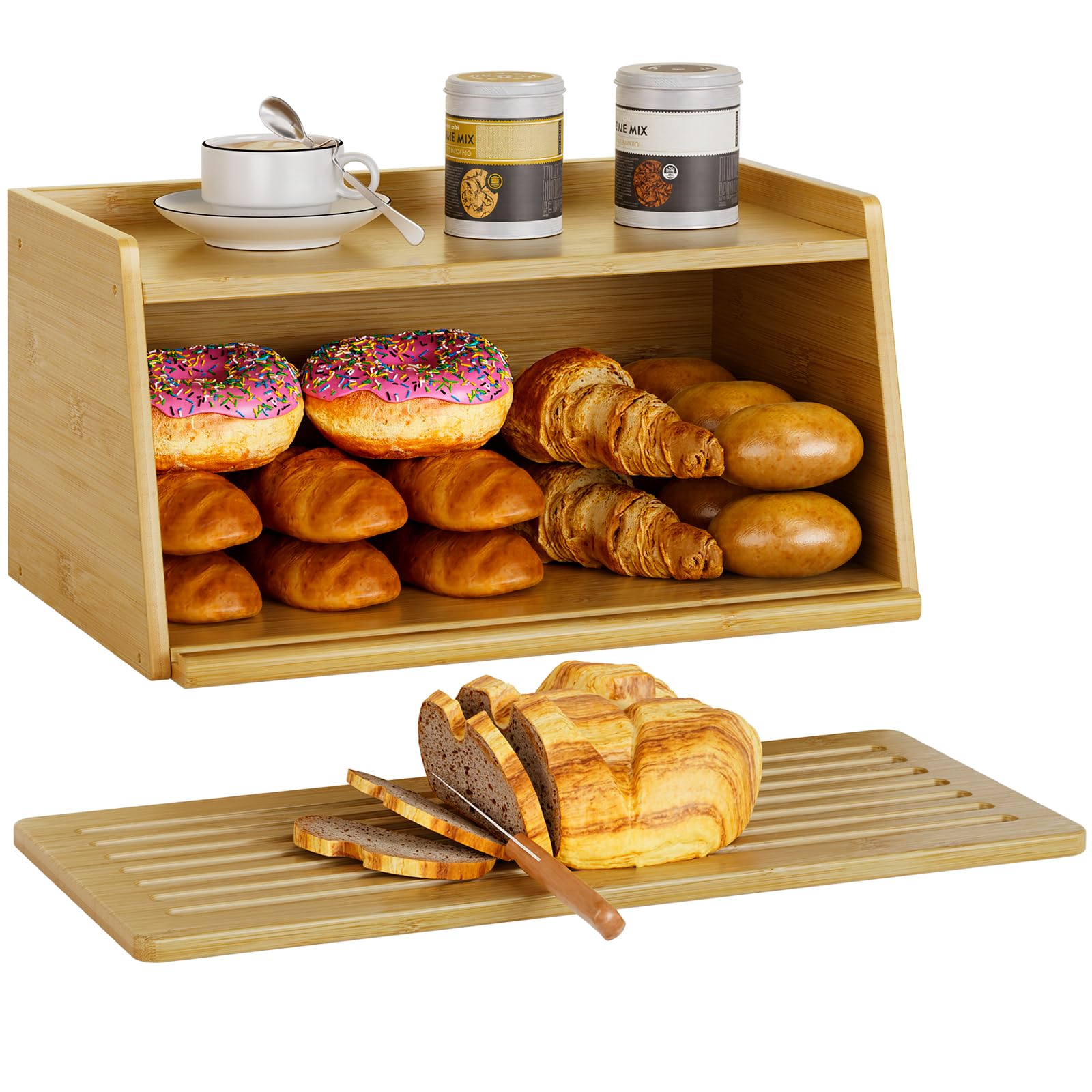 Photo 1 of EZ2LIVE Bamboo Bread Box with Cutting Board for Kitchen Countertop – Large Capacity Bread Storage Container for Kitchen, Multi-Use Organizer for Bread, Fruits, Baked Goods