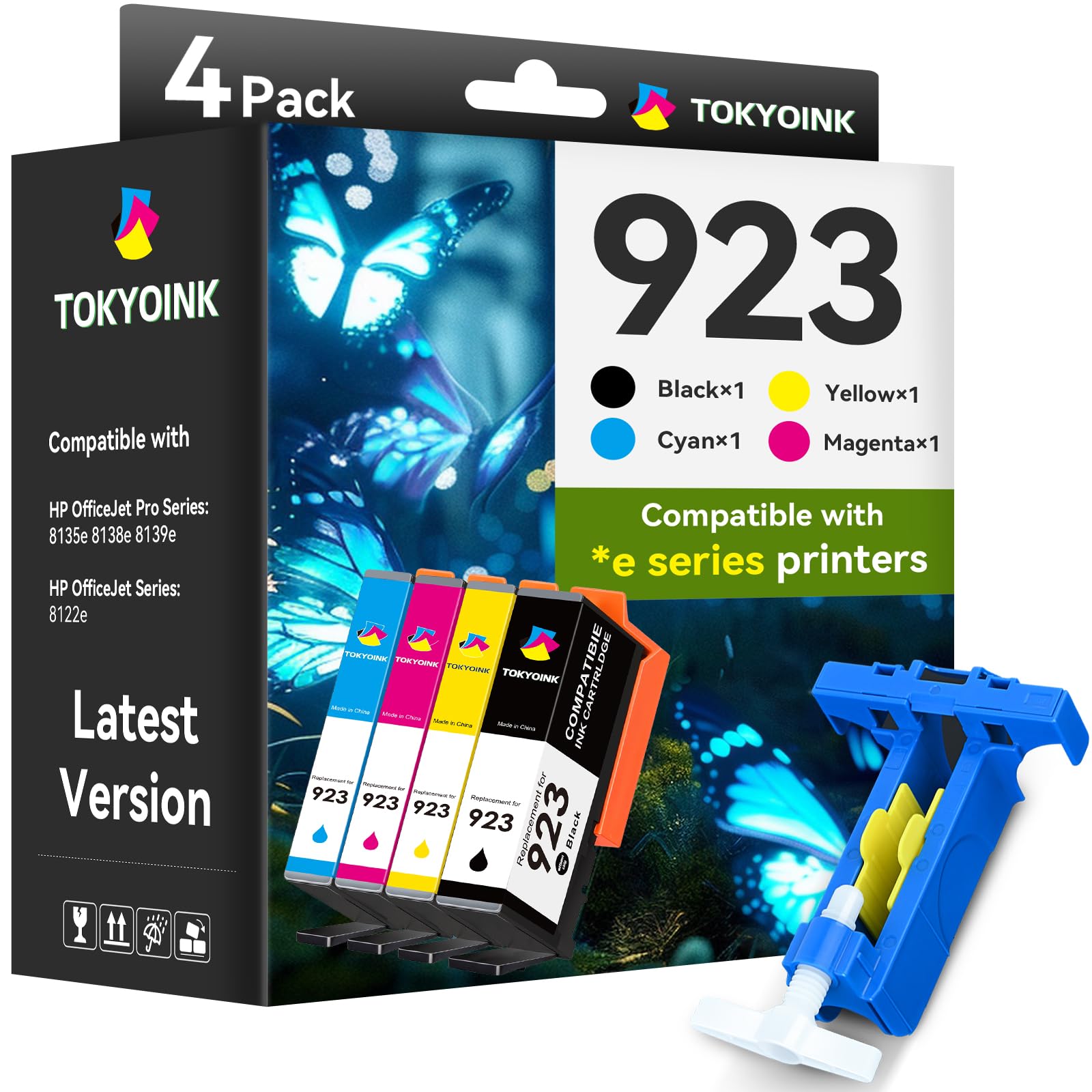 Photo 1 of TOKYOINK 923 Ink Cartridges Combo Pack Replacement for HP 923e 923 923XL Ink Cartridges Work for OfficeJet 8120 8122e 8123 OfficeJet Pro 8130 8135e 8138e 8139e Printer Without Chip (4 Pack)