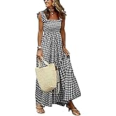 chouyatou Women's Retro Plaid Smocked Dress Spaghetti Strap Flounce Long Dress