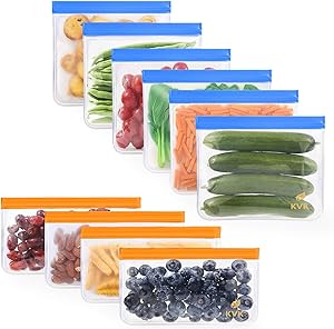 10 Pack Reusable Food Storage Bags, 6 Reusable Sandwich Bags + 4 Reusable Snack Bags, Food-Grade PEVA Reusable Ziplock Bags, Washable Leakproof Plastic - Free Lunch Bags