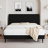BarnFurin Full Size Bed Frame, Velvet Upholstered Platform Bed with Vertical Channel Tufted Headboard and Footboard, No Box Spring Required, Easy Assembly, Black