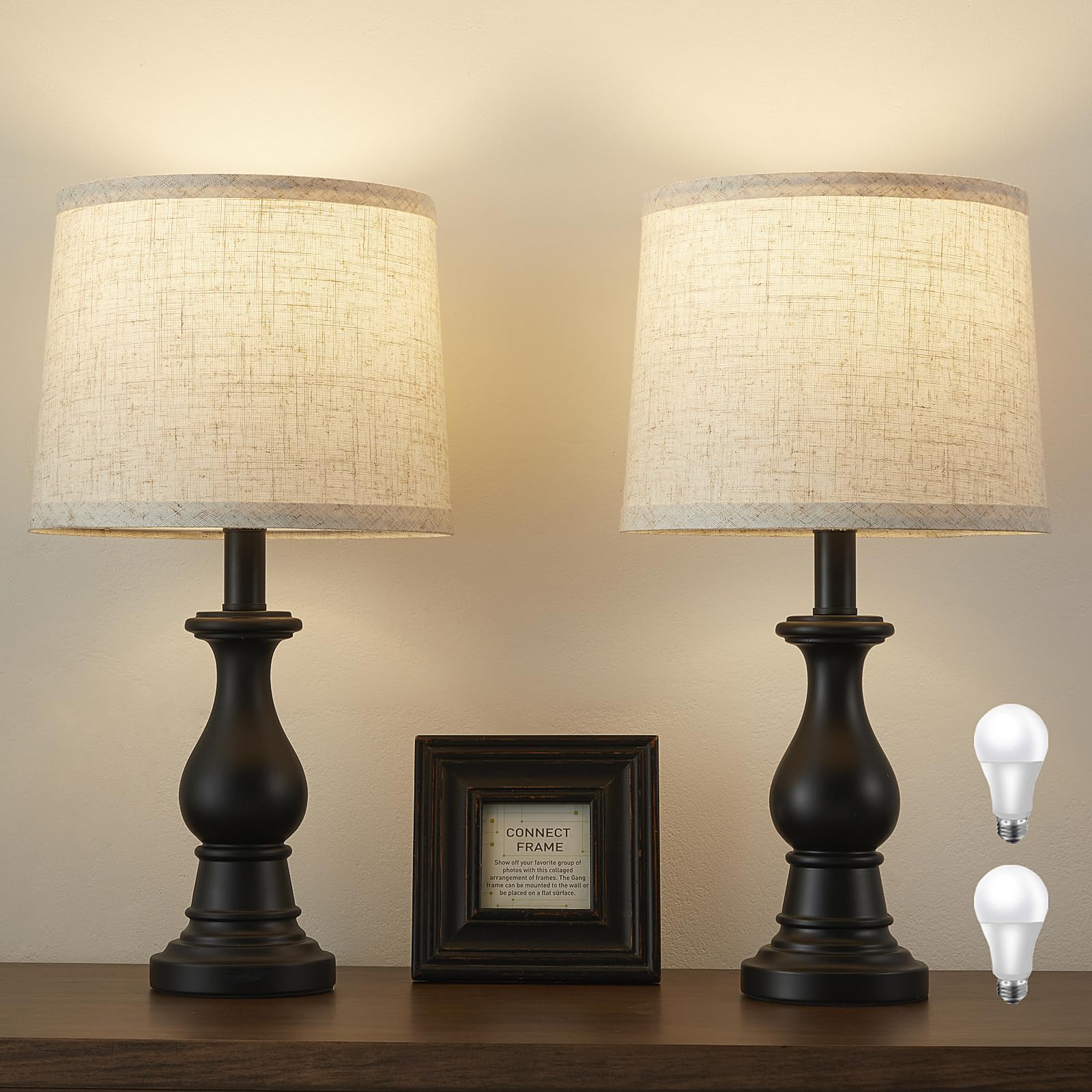 Photo 1 of Hikczc Vintage Table Lamp for Living I
Room Bedroom, 18.5" Farmhouse Bedside Lamps Nightstand Lamp Set of 2, Table Lamps with Oatmeal Linen Lamp Shades, 2 LED Bulbs Included, Black
