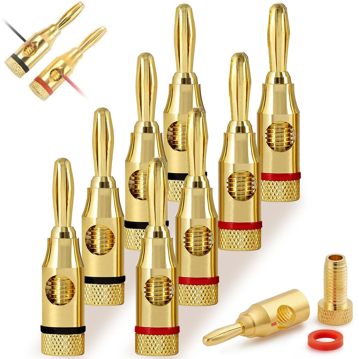 YFOX Gold-Plated Speaker Banana Plug, Open Screw, Metal Banana Plug, Audio Socket Connector, for Speakers, Stereo Cable, Home Cinema (4 Red, 4 Black)