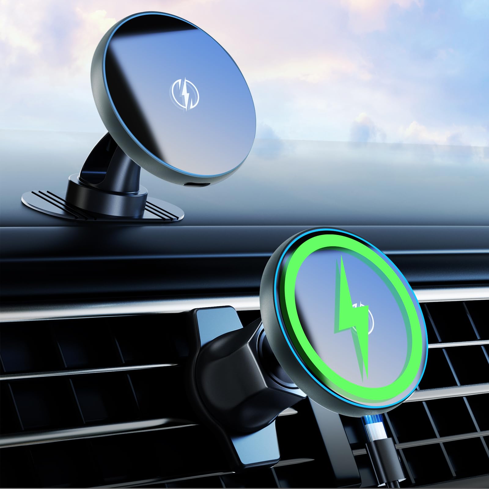 Beeasy Wireless Car Charger Magnetic 2 In 1, Compatible With Magsafe Car Mount/MagSafe Car Charger 15W Fast Charging,Car Phone Holder Wireless Charger Air Vent Mount for iPhone 16/15/14/13/12 Series