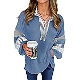 Fisoew Womens Color Block Oversized Sweatshirt Polo V Neck Long Sleeve Shirts Casual Loose Pullover Tops