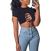 Remidoo Women's Sexy Lace Up Crop Top Short Sleeve Cropped T Shirt Cutout Graphic Tee