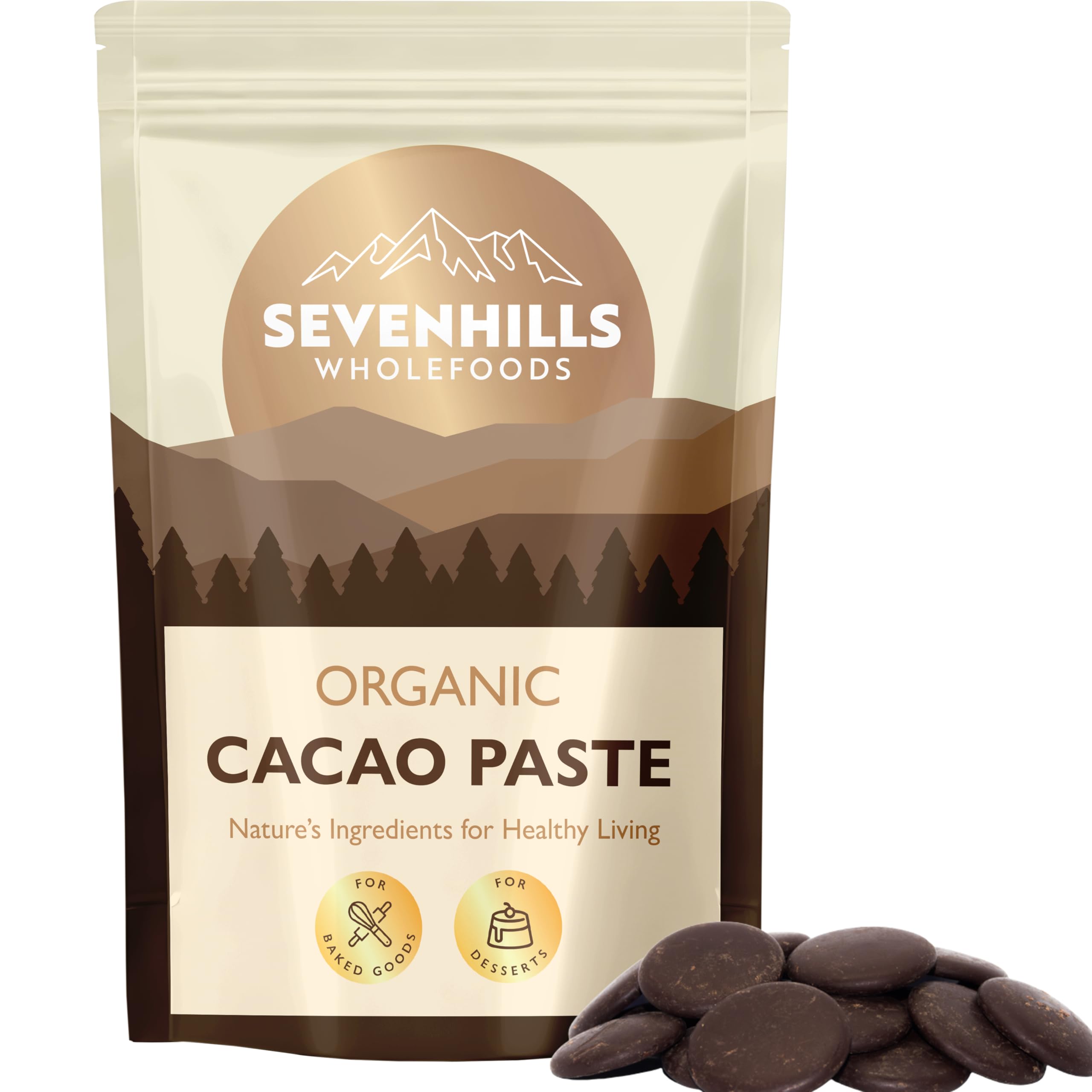Sevenhills Wholefoods Organic Cacao Paste (Liquor, Mass) Wafers/Discs 500g for Hot Chocolate & Baking, Unsweetened, Buttons, Drops