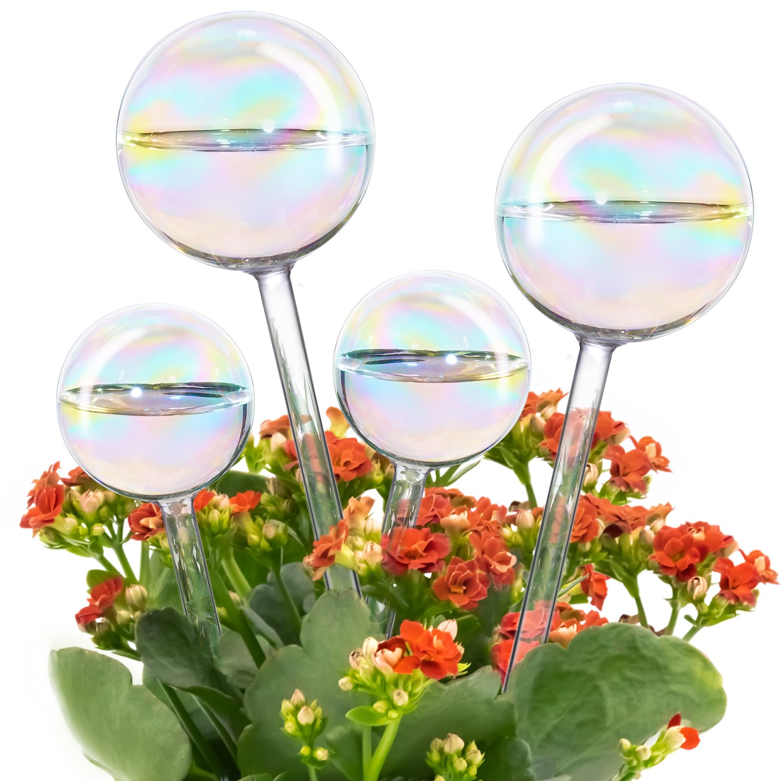 Tomorotec Iridescent Glass Self Watering Globes 4-Pack (2 Large+2 Small), Decorative Hand-Blown Rainbow Glass Watering Bulbs, Automatic Irrigation for Indoor & Outdoor Plants, Easy to Use and Maintain