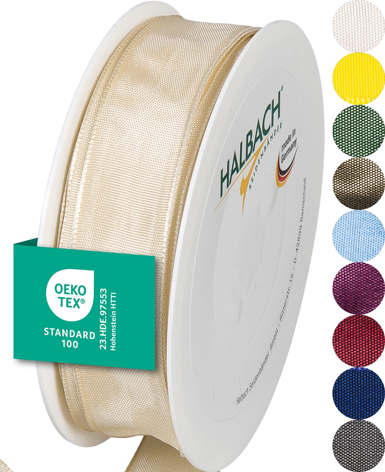 Halbach Seidenbänder Premium Gift Ribbon With Wired Edge - 25 mm Width, 25 m Length - Oeko-Tex 100 Certified Taffeta, Made in Germany - Sand — image 1