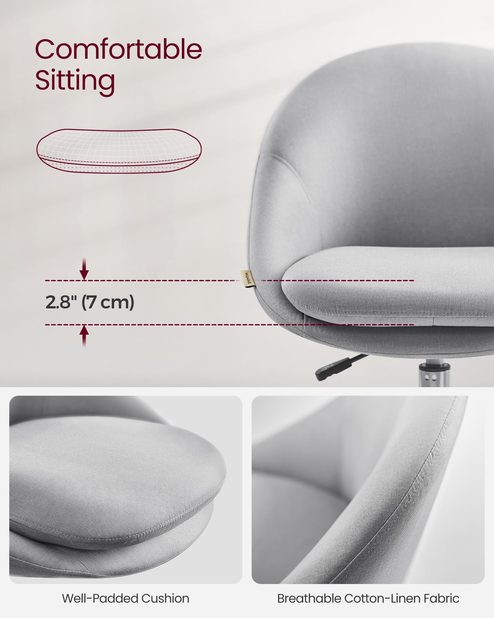 VASAGLE Office Chair, Vanity Chair, Desk Chair, Cotton-Linen Fabric, Foam Padding, Adjustable Height, for Home Office, Study, Bedroom, Dove Gray UOBG020G91