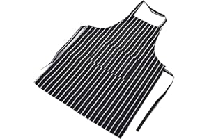 Polyester Apron with Adjustable Neck Strap, Front Pockets, Black White Stripe Pattern, for Kitchens Restaurants Bakers Barist
