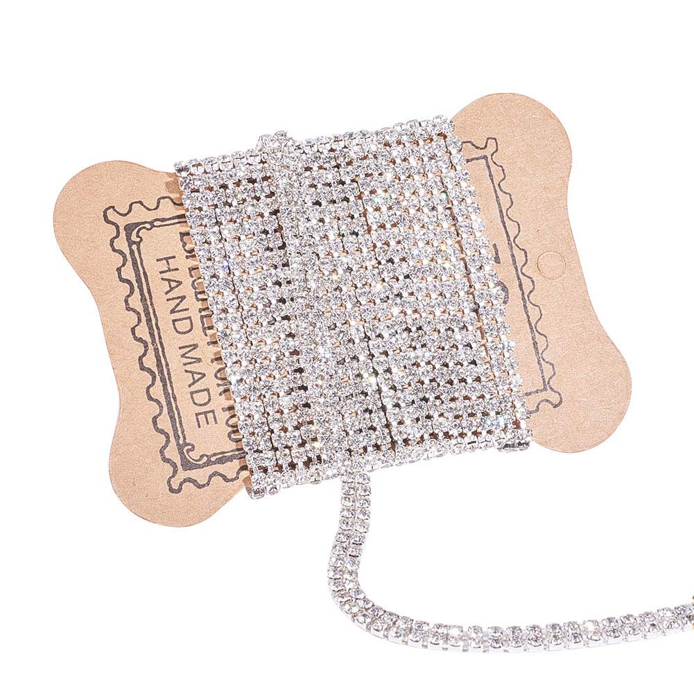 BENECREAT 2 Yards 2 Rows Crystal Rhinestone Close Chain Trimming Claw Chain with Display Cards for Wedding Sewing Craft DIY Decoration, Silver Bottom