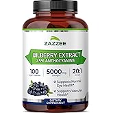 Zazzee Extra Strength Bilberry 20:1 Extract, 25% Anthocyanins, 5000 mg Strength, 100 Vegan Capsules, 3+ Month Supply, Eye Health Support, 20X Standardized, Vaccinium Myrtillus, Non-GMO, Made in USA