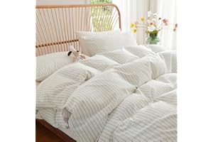 Nayoroom Striped Duvet Cover Queen Size 100% Washed Cotton White Brown Stripe Duvet Cover 3 Pieces Soft Breathable Girls Dorm Bedding Set for All Seasons, Yarn Dyed Process