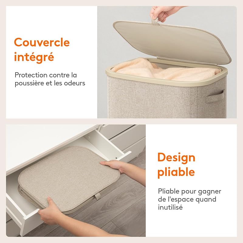 Panier Linge Sale, Bac Linge avec Couvercle, Corbeille Linge avec Plastique Poignées et Sac Linge, Laundry Basket pour Buanderie, Chambre, Salle de Bain, 105 L, Beige