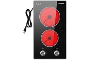 Karienvir Electric Cooktop 2 Burner, 110V Electric Cooktop with Plug 2000W(1400W+600W), Electrics Stove with Knob, 9 Power Levels, Built-in & Countertop 12 Inch Electrics Stovetop, Grain pattern