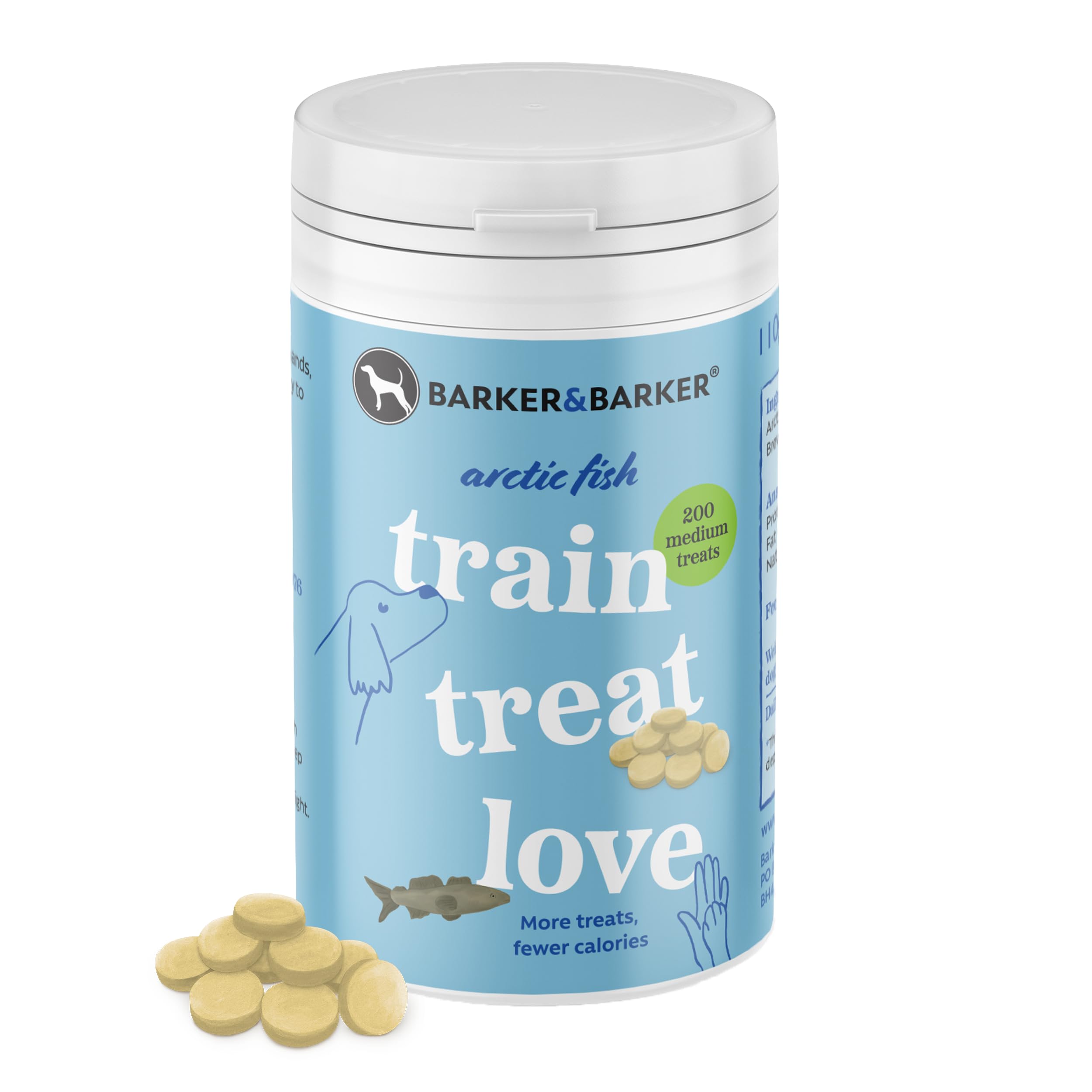 Barker and Barker Grain Free Dog Training Treats - 200 Tasty & Healthy Medium Arctic Fish Treat Pot - Low Calorie, High in Protein - No Artificials - 100% Human-Grade for Small & Medium Breed Dogs