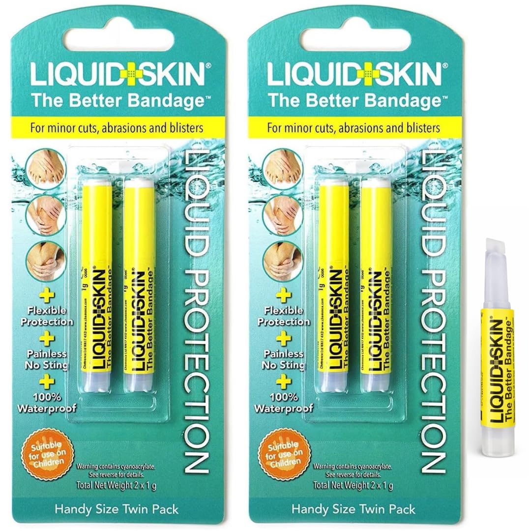 Liquid Skin Liquid Plaster – Waterproof Liquid Bandage for Cuts Wounds & Cracked Skin – Transparent FastDry Second Skin Protection – No-Sting Kid-Safe Formula – Also for Pets – 2 Packs (4×1g Pipettes)
