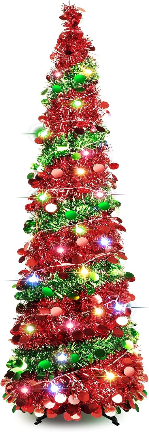 Trees - 5 FT Christmas Trees with 90 LED Light, Collapsible Artificial Sequin Pop Up Christmas Tree, Tall Skinny Pencil Tinsel Christmas Trees with Stand Xmas Tree for Apartment Basement Fireplace Home Office