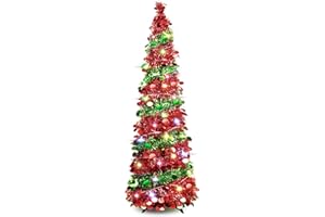 KUNGFUKING 5 FT Collapsible Sequin Pop Up Christmas Tree with 90 LED Lights, Skinny Pencil Tinsel Xmas Tree with Stand for Apartments