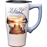 Spoontiques - Ceramic Travel Coffee Mug with Lid and Handle - Spill Proof Lid - Double Walled Mug for Hot and Cold Beverages - Microwave and Dishwasher Safe - Lake Life Travel Mug