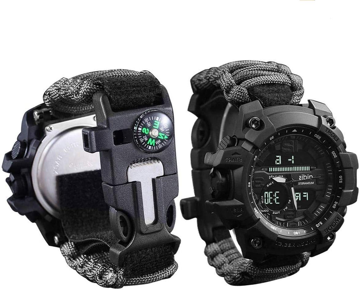 wejie Survival Bracelet Watch, Men and Women Digital Outdoor Sports Watch, 6-in-1 Waterproof Emergency Survival Watches with Paracord, Whistle, Fire Starter, Scraper, Compass and Survival Gear