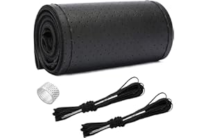 Ziciner Genuine Leather Steering Wheel Cover, Stitch on Wrap, Breathable Anti-Slip Car Steering Wheel Protector for Max Diameter 15 Inch, DIY Sewing with Needles Thread (Black, Hole)