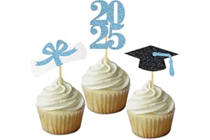DOMOO OF DREAMS Graduation Cupcake Toppers Grad Party Decoration Food Picks Congrats Glitter Diploma Cap School Colors Supplies 24 PCS Light Blue
