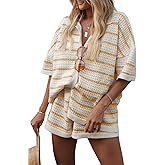 Saodimallsu Womens Striped Pajama Sets Short Sleeve Color Block Crochet Knit Button Top and Shorts 2 Piece Summer Sets