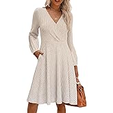 LOVESHOOT Long Sleeve Short Dress for Women 2026 Fall Winter Tunic Knit Sweater Dresses Casual V Neck Mini Dress with Pockets