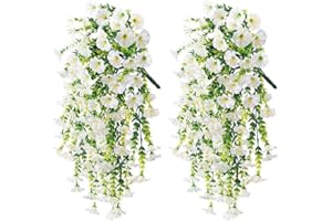 Artificial Hanging Flowers for Outdoors (2 Pack), No Odor, 29.5in Hanging Morning Glory - No Watering Needed, Spring Summer H