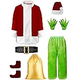 YAOGEG Christmas Santa Costumes Adult Funny Cosplay 8pcs Green Santa Costume,Men's Luxury Velvet Santa Claus Costume for Men