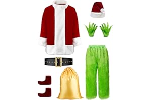 YAOGEG Halloween Costumes Adult Funny Cosplay 8pcs Green Santa Costume,Men's Luxury Velvet Santa Claus Costume for Men
