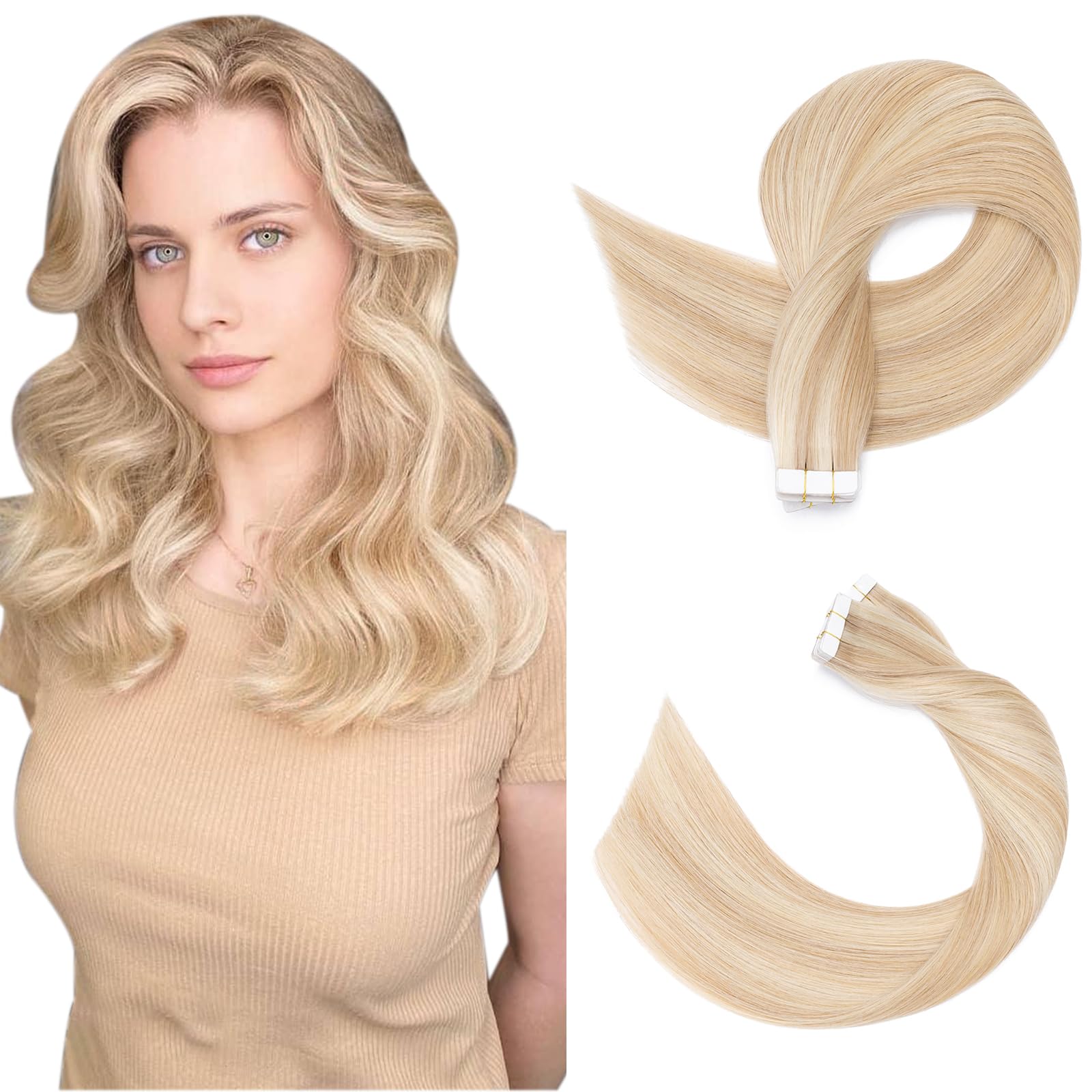 SEGOHAIR Tape in Hair Extensions Human Hair, 14" Invisible 10Pcs Real Hair Straight Natural Remy Tape Hair Extensions - Ash Blonde & Bleach Blonde — image 1