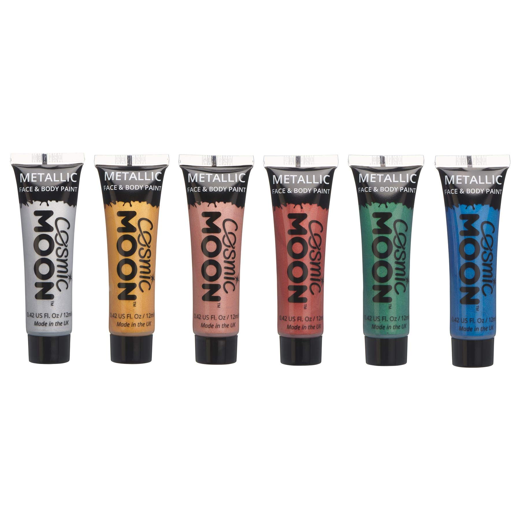 Face & Body Metallic Paint by Cosmic Moon - Water Based Face Paint Makeup for Adults, Kids - 12ml (Set of 6)
