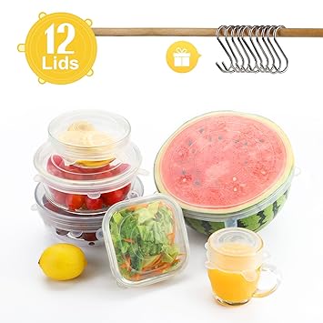 Besfair 12er Dehbare Silikondeckel, BPA Frei Silikon-Stretch-Deckel in Verschiedenen Größen, Alternative zu Frischhaltefolie 
