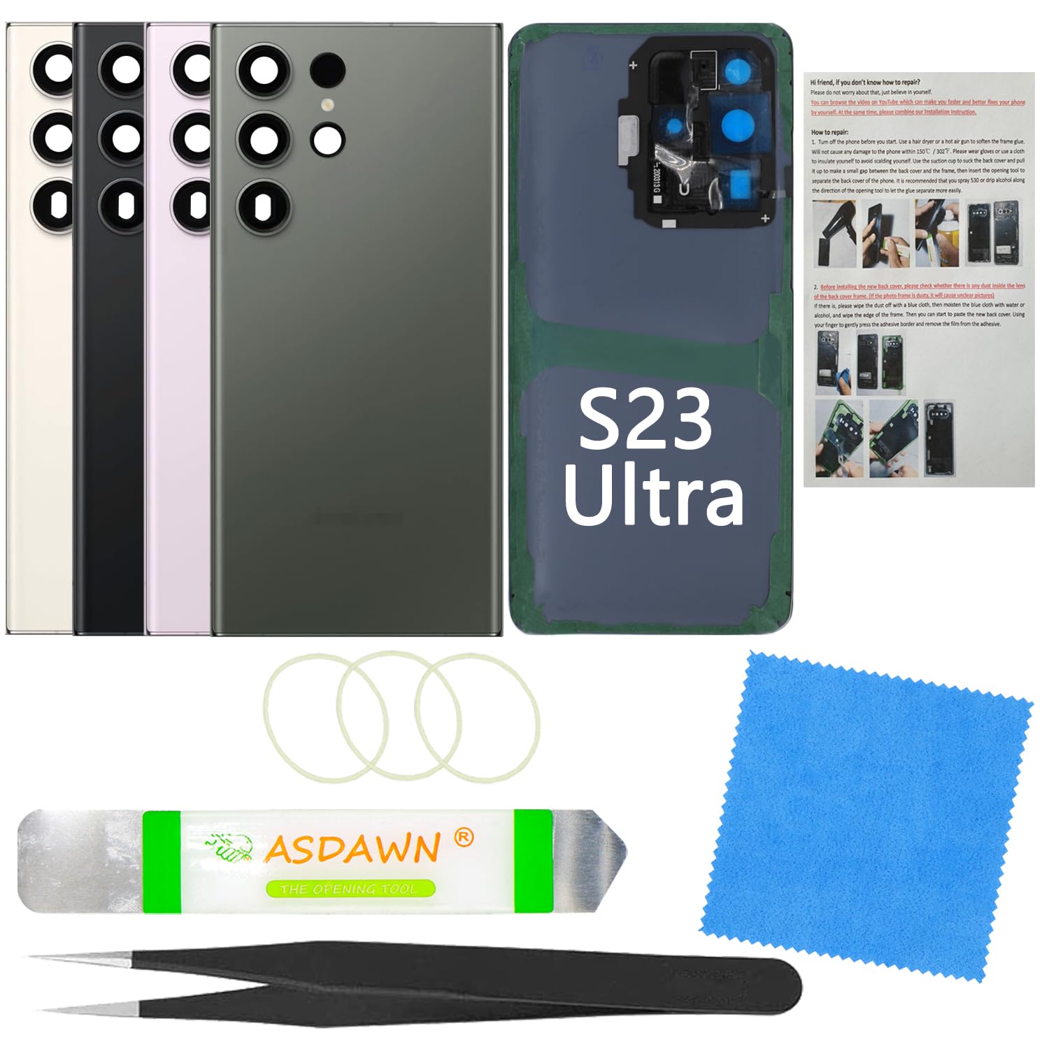Photo 1 of ASDAWN Galaxy S23 Ultra Replacement Back Glass Panel Case + Pre-Installed Camera Lens + All The Adhesive + Repair Tool Kit for Samsung Galaxy S23 Ultra 5G SM-S918 All Carriers (Green)