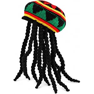 RAINFLOW Rasta Hat with Dreadlocks Wig Costume Dreads Crochet Knit Jamaican Beanie Cap, Funny Reggae Party Halloween Cosplay