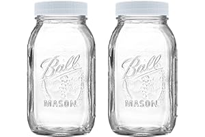MEM WORLDSHOP Regular Mouth Mason Jars 32 oz - (2 Pack) - Ball Regular Mouth 32-Ounces Quart Mason Jars with White M.E.M Food Storage Plastic Lids, Caps Fit Ball and Kerr Regular Mouth - For Storage, Freezing, Leak