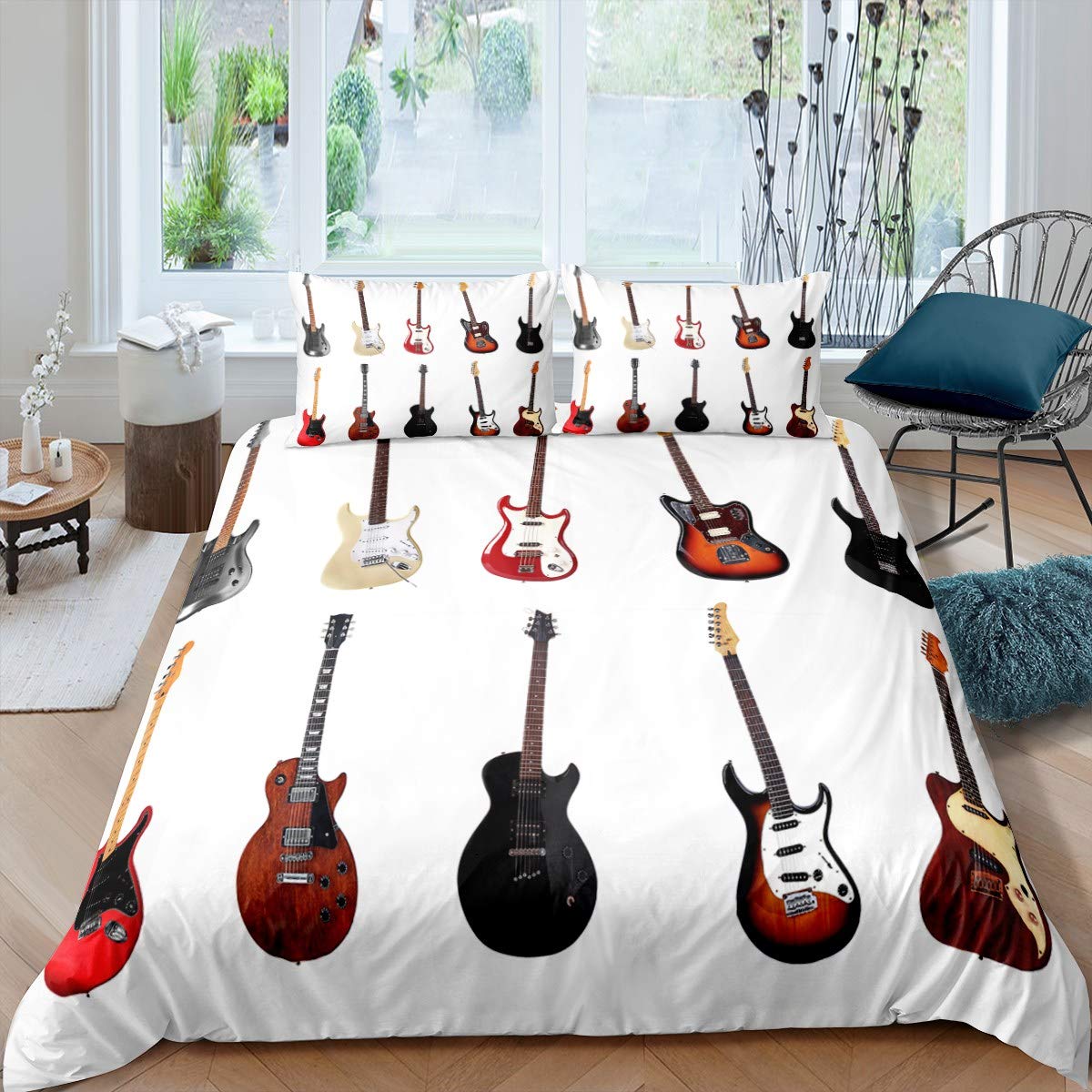 Guitar Comforter Cover Set,Electric Guitar Bedding Set For Boys Teens Girls Kids,Musical Quilt Cover Child Instrument Quality Bed Linen Brown,Decor 2 Pcs Duvet Cover Single Size & Zipper Ties