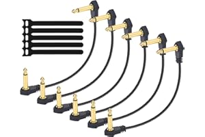 LAMROYCE 3-Inch Flat Guitar Patch Cables 6 Pack, Ultra-Thin 6.35mm Right-Angle Guitar Effects Pedal Board Patch Flat Cord, Thin-Type Save More Space Pedal Board Cables Gold Plated Connector 1/4 TS Copper Wire