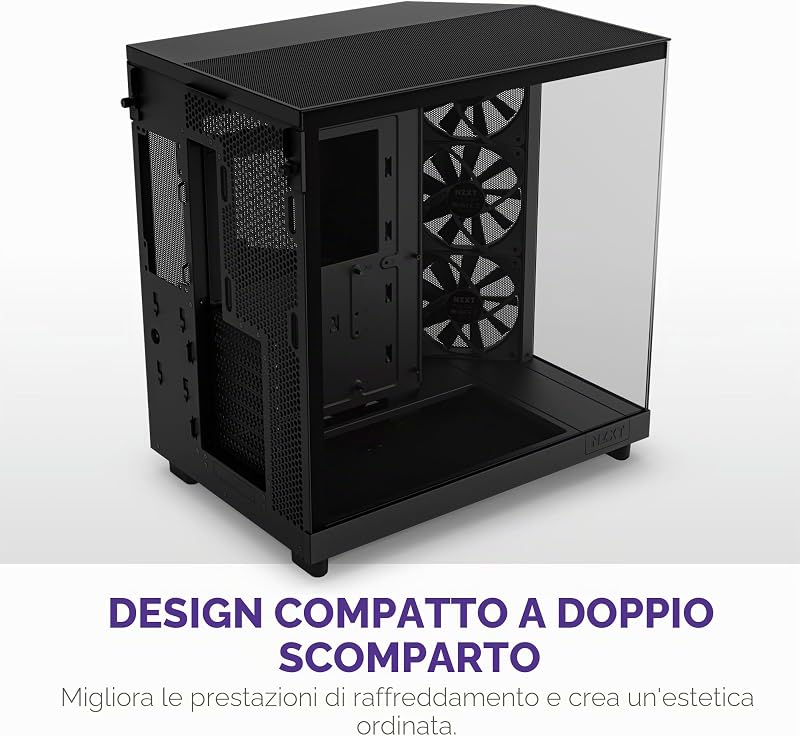 H6 Flow, CC-H61FB-01, Case Mid-Tower Compatto a Doppia Camera con Flusso d'Aria, Pannelli in Vetro Panoramico, Flusso d'Aria ad Alte Prestazioni, Include 3 Ventole da 120 mm, Nero